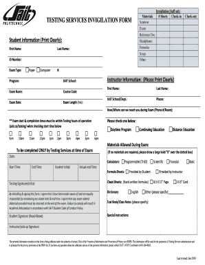 SAIT Testing Services Invigilation Form