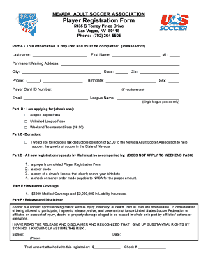 Nevada Adult Soccer Association Player Registration Form