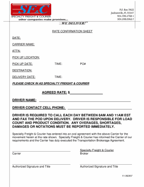 Rate Confirmation Sheet