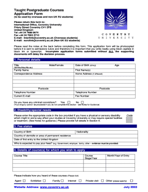 Coventry University Postgraduate Application Form