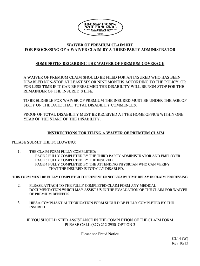 Fillable Online 1 waiver of premium claim kit for processing of a waiver claim by a bb Fax Email
