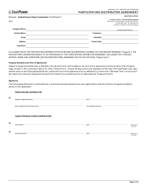 PARKING LOT CONTROLLER PROGRAM PARTICIPATING DISTRIBUTOR AGREEMENT SASKPOWER CONTACT: Between: Saskatchewan Power Corporation ( SaskPower ) Customer Services Demand Side Management 2025 Victoria Avenue, Regina, Saskatchewan S4P 0S1 Tel: 306