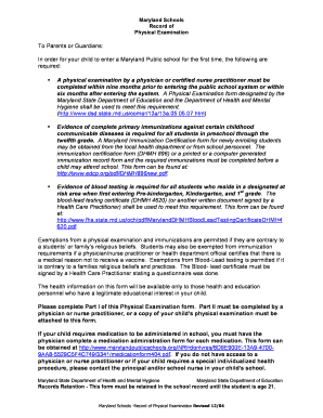 Maryland Schools Physical Examination Form