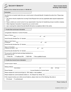 Secure Income Annuity Incoming Funds Request