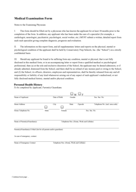 Medical Examination Form for School Admission