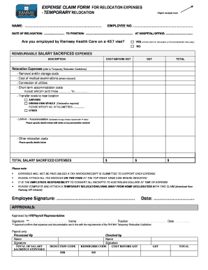 Expense Claim Form for Relocation Expenses