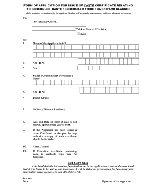 Application for Issue of Caste Certificate