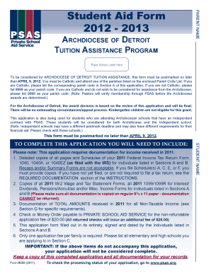 Archdiocese of Detroit Tuition Assistance Form