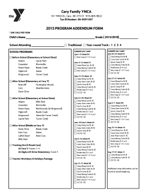 Cary Family YMCA 2015 PROGRAM ADDENDUM FORM - ymcatriangle