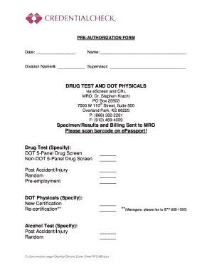 Pre-Authorization Form for Drug Test and DOT Physicals