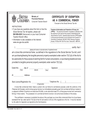 British Columbia Commercial Fisher Tax Exemption Certificate