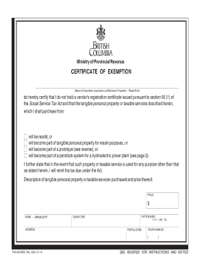 British Columbia Certificate of Exemption