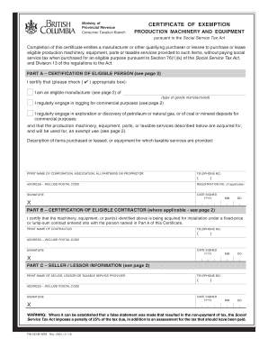 Certificate of Exemption for Production Machinery and Equipment