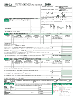 City of Columbus Income Tax Return for Individuals 2010