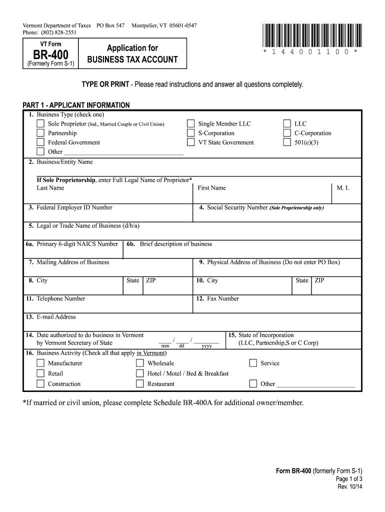 vermont br 400 2014 form Preview on Page 1