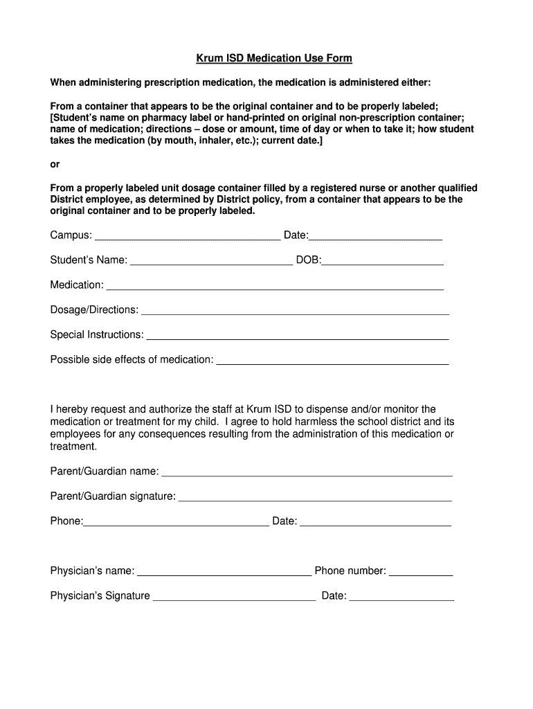 Fillable Online Krum ISD Medication Policy and Use Form Fax Email Print