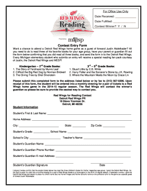 Detroit Red Wings Reading Contest Entry Form