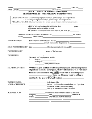 Business Ownership Forms Worksheet