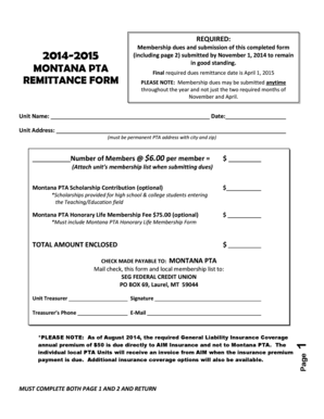 Montana PTA Remittance Form