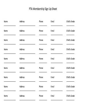 PTA Membership Sign Up Sheet