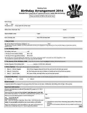 Movie Park Germany Birthday Arrangement Booking Form