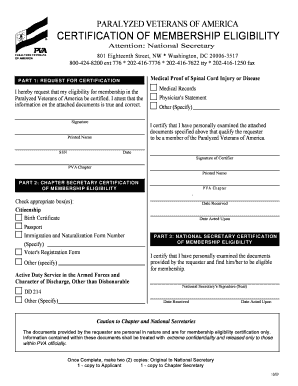 Paralyzed Veterans of America Membership Eligibility Certification