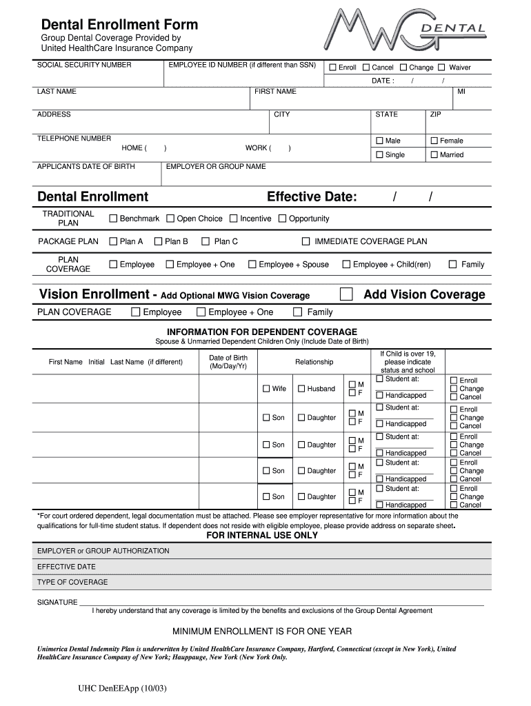 Fillable Online Dental Enrollment Form The MWG Dental Plan Fax Email