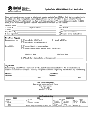OptionTeller ATM/VISA Debit Card Application
