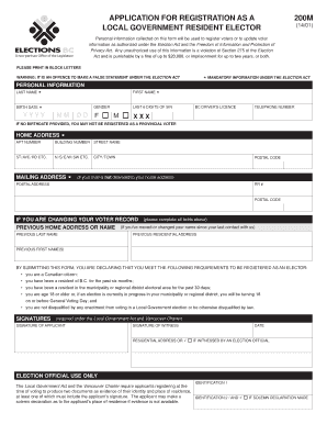 British Columbia Local Government Resident Elector Registration Form