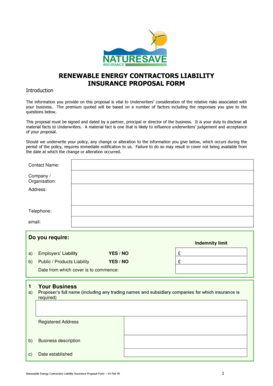 Renewable Energy Contractors Liability Insurance Proposal Form
