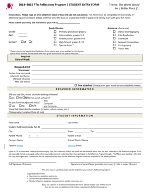 PTA Reflections Program Student Entry Form