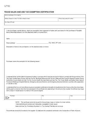 11-95/3) RESET FORM TEXAS SALES AND USE TAX EXEMPTION CERTIFICATION Name of purchaser, firm or agency Address (Street &amp - nbisd