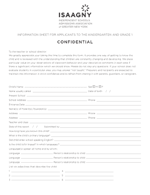 Kindergarten and Grade 1 Applicant Information Sheet
