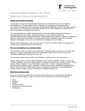 Personal Data Protection Act 2010 Notice and Consent Form