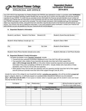 2014-2015 Dependent Student Verification Worksheet