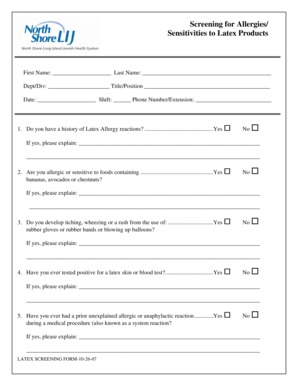 Latex Allergy Screening Form