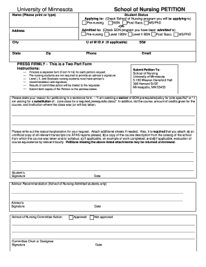 University of Minnesota Nursing Petition Form