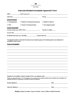 Instructor Student Incomplete Agreement Form