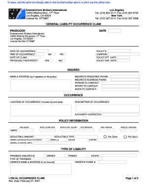 General Liability Occurrence Claim Form