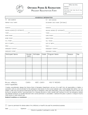 Ontario Parks Recreation Program Registration Form