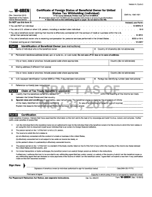 Form W-8BEN Certificate of Foreign Status