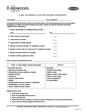 Camp Automobile Driving Record Worksheet