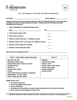 JCC Automobile Driving Record Worksheet