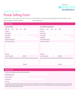 Saga Share Direct Postal Selling Form