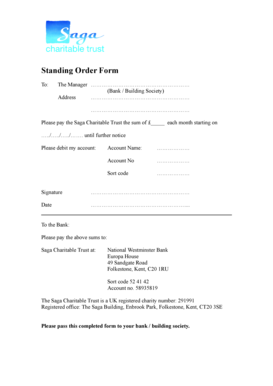 Standing Order Form for Saga Charitable Trust