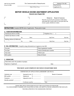 Massachusetts Motor Vehicle Excise Abatement Application
