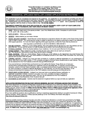 Texas Residential Appliance Installer License Application