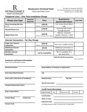 Renaissance Cleveland Hotel Electrical Order Form