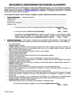 SBA Eligibility Questionnaire for Standard 7(a) Guaranty