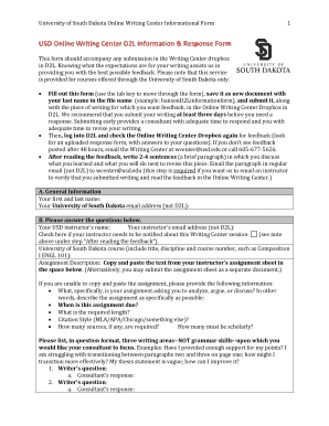 University of South Dakota Writing Center Form